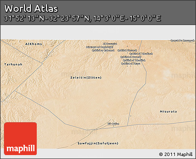 Satellite 3D Map of the Area around 32° 8' 5" N, 14° 31' 30" E