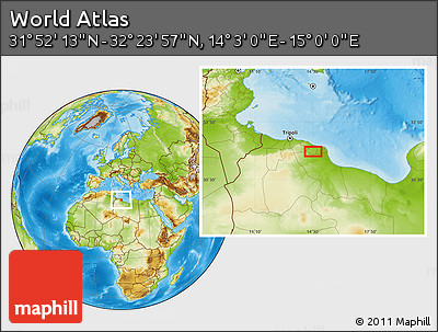 Physical Location Map of the Area around 32° 8' 5" N, 14° 31' 30" E