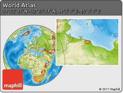 Physical Location Map of the Area around 32° 8' 5" N, 14° 31' 30" E