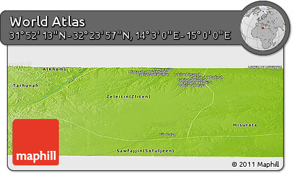 Physical Panoramic Map of the Area around 32° 8' 5" N, 14° 31' 30" E