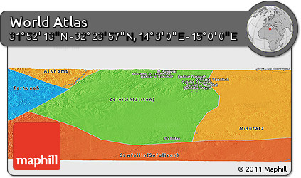 Political Panoramic Map of the Area around 32° 8' 5" N, 14° 31' 30" E