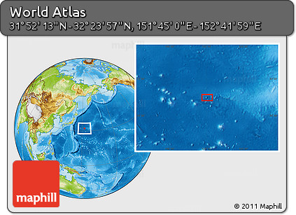 Physical Location Map of the Area around 32° 8' 5" N, 152° 13' 29" E