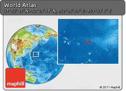Physical Location Map of the Area around 32° 8' 5" N, 153° 4' 29" E