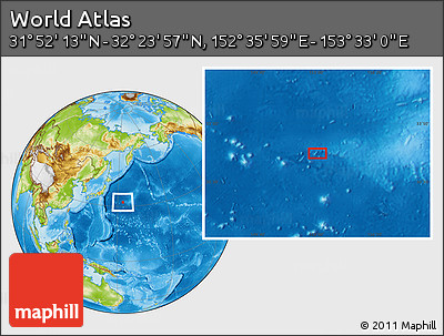 Physical Location Map of the Area around 32° 8' 5" N, 153° 4' 29" E