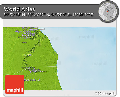 Physical 3D Map of the Area around 32° 8' 5" N, 15° 22' 30" E