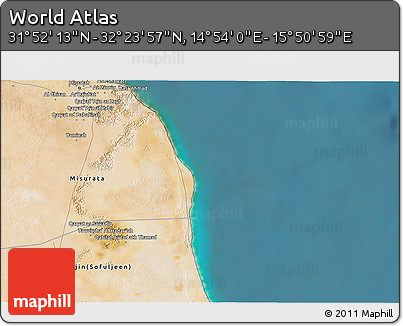 Satellite 3D Map of the Area around 32° 8' 5" N, 15° 22' 30" E