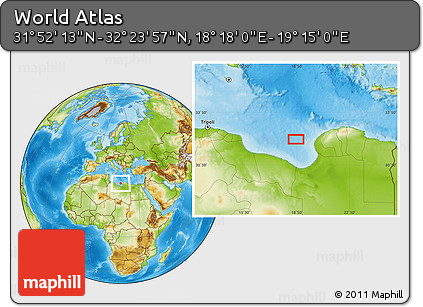 Physical Location Map of the Area around 32° 8' 5" N, 18° 46' 29" E