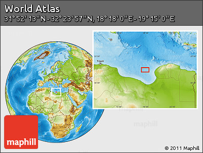 Physical Location Map of the Area around 32° 8' 5" N, 18° 46' 29" E