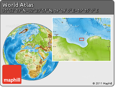 Physical Location Map of the Area around 32° 8' 5" N, 18° 46' 29" E