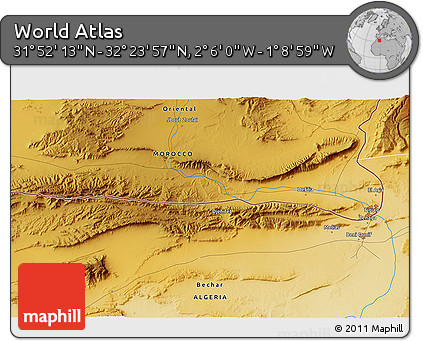 Physical 3D Map of the Area around 32° 8' 5" N, 1° 37' 30" W