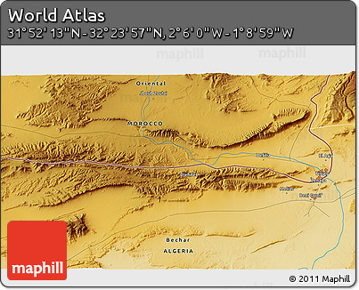 Physical 3D Map of the Area around 32° 8' 5" N, 1° 37' 30" W