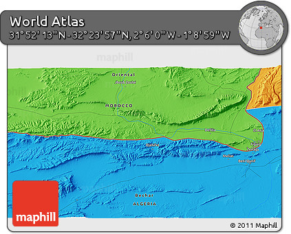 Political 3D Map of the Area around 32° 8' 5" N, 1° 37' 30" W