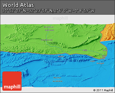 Political 3D Map of the Area around 32° 8' 5" N, 1° 37' 30" W