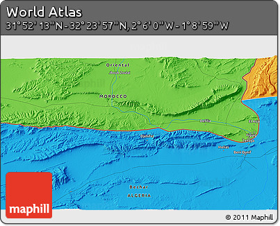 Political 3D Map of the Area around 32° 8' 5" N, 1° 37' 30" W
