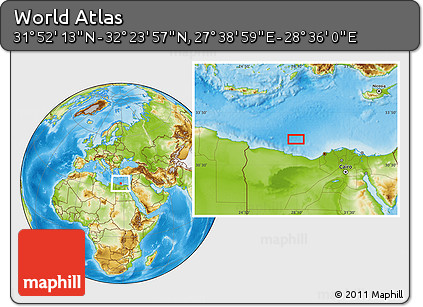 Physical Location Map of the Area around 32° 8' 5" N, 28° 7' 30" E