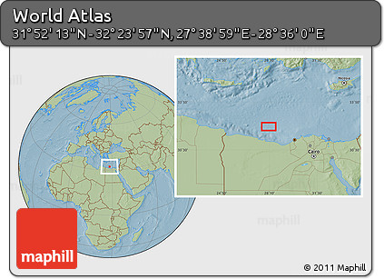 Savanna Style Location Map of the Area around 32° 8' 5" N, 28° 7' 30" E, hill shading