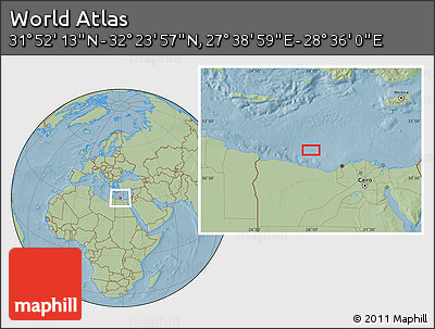 Savanna Style Location Map of the Area around 32° 8' 5" N, 28° 7' 30" E, hill shading