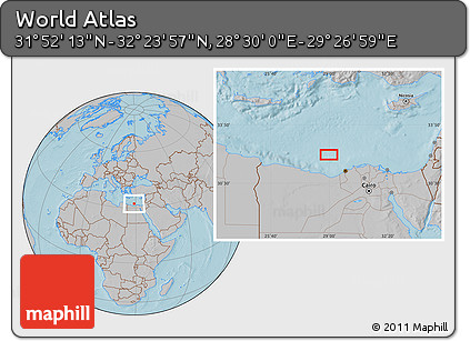 Gray Location Map of the Area around 32° 8' 5" N, 28° 58' 30" E, hill shading