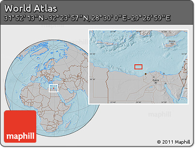 Gray Location Map of the Area around 32° 8' 5" N, 28° 58' 30" E, hill shading