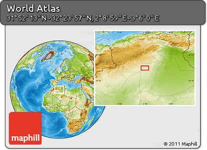 Physical Location Map of the Area around 32° 8' 5" N, 2° 37' 30" E