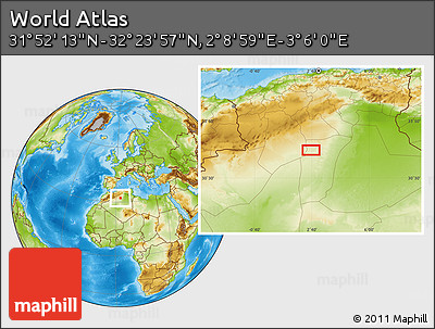 Physical Location Map of the Area around 32° 8' 5" N, 2° 37' 30" E