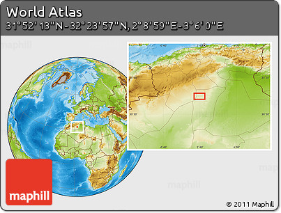 Physical Location Map of the Area around 32° 8' 5" N, 2° 37' 30" E