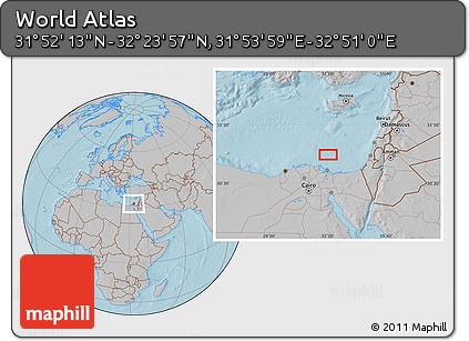 Gray Location Map of the Area around 32° 8' 5" N, 32° 22' 30" E, hill shading