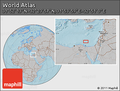 Gray Location Map of the Area around 32° 8' 5" N, 32° 22' 30" E, hill shading