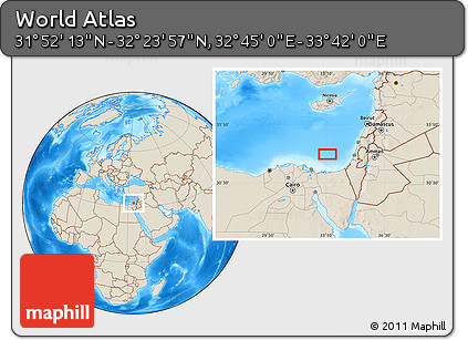 Shaded Relief Location Map of the Area around 32° 8' 5" N, 33° 13' 30" E