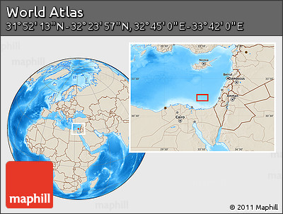 Shaded Relief Location Map of the Area around 32° 8' 5" N, 33° 13' 30" E