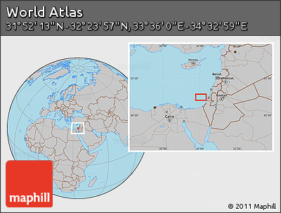 Gray Location Map of the Area around 32° 8' 5" N, 34° 4' 30" E