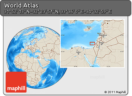 Shaded Relief Location Map of the Area around 32° 8' 5" N, 34° 4' 30" E
