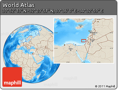 Shaded Relief Location Map of the Area around 32° 8' 5" N, 34° 4' 30" E