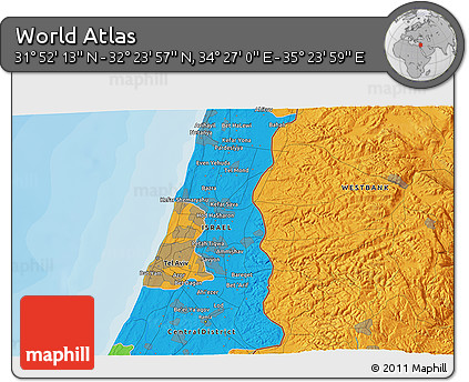 Political 3D Map of the Area around 32° 8' 5" N, 34° 55' 29" E