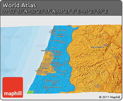 Political 3D Map of the Area around 32° 8' 5" N, 34° 55' 29" E