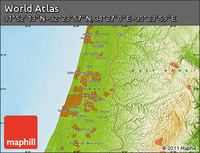 Physical Map of the Area around 32° 8' 5" N, 34° 55' 29" E