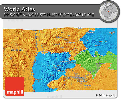 Political 3D Map of the Area around 32° 8' 5" N, 35° 46' 29" E
