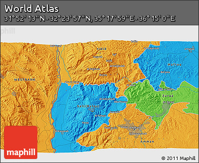 Political 3D Map of the Area around 32° 8' 5" N, 35° 46' 29" E