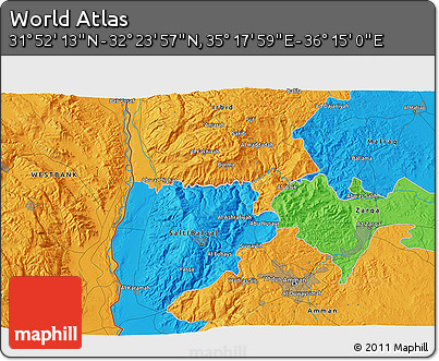 Political 3D Map of the Area around 32° 8' 5" N, 35° 46' 29" E
