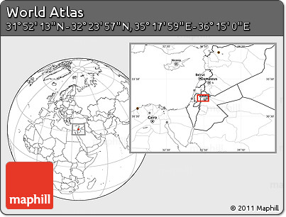 Blank Location Map of the Area around 32° 8' 5" N, 35° 46' 29" E