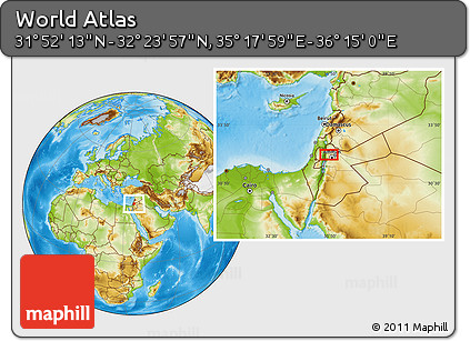 Physical Location Map of the Area around 32° 8' 5" N, 35° 46' 29" E