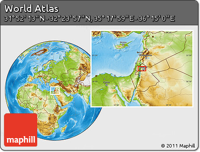 Physical Location Map of the Area around 32° 8' 5" N, 35° 46' 29" E