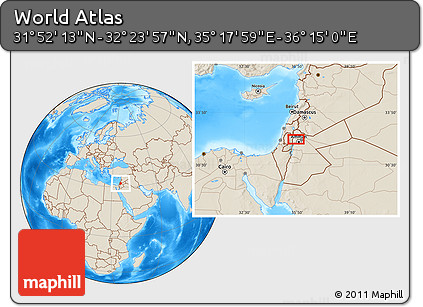 Shaded Relief Location Map of the Area around 32° 8' 5" N, 35° 46' 29" E