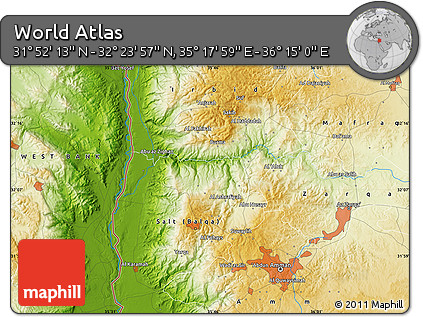 Physical Map of the Area around 32° 8' 5" N, 35° 46' 29" E