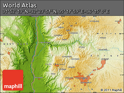 Physical Map of the Area around 32° 8' 5" N, 35° 46' 29" E