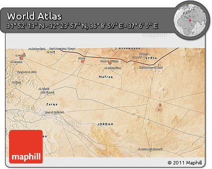 Satellite 3D Map of the Area around 32° 8' 5" N, 36° 37' 30" E