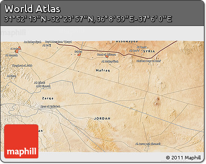 Satellite 3D Map of the Area around 32° 8' 5" N, 36° 37' 30" E