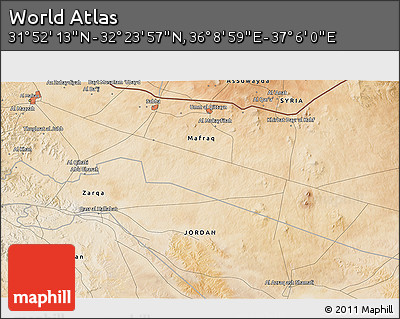Satellite 3D Map of the Area around 32° 8' 5" N, 36° 37' 30" E