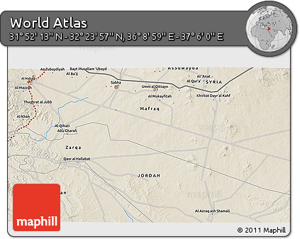 Shaded Relief 3D Map of the Area around 32° 8' 5" N, 36° 37' 30" E