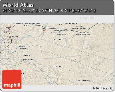 Shaded Relief 3D Map of the Area around 32° 8' 5" N, 36° 37' 30" E